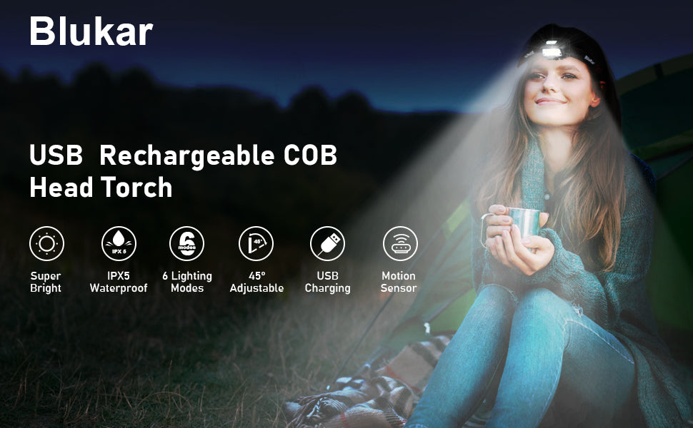 Headlamp Rechargeable, 2000L Super Bright LED Head Lamp Headlight with Red Warning Lights and 6 Modes, Motion Sensor Control, IPX5 Waterproof, Lightweight Flashlight for Running, Hiking etc.Fast and free shipping