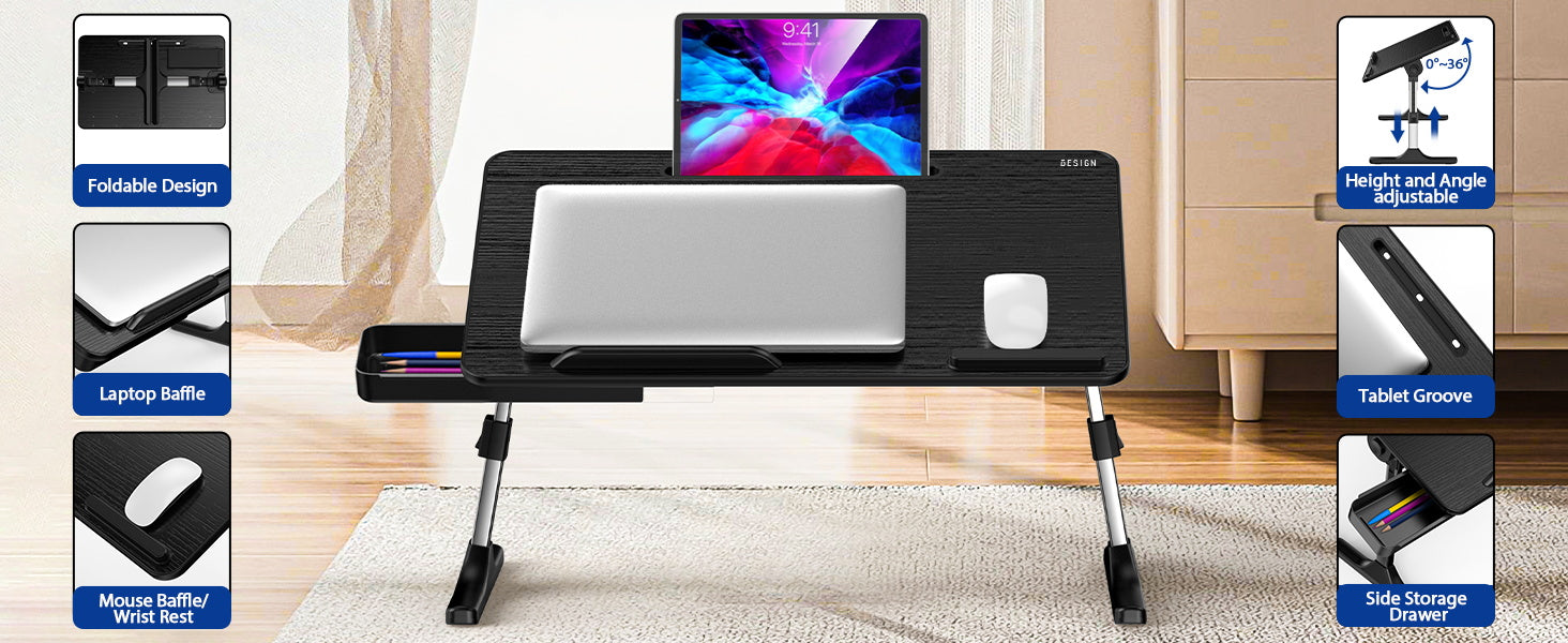 Adjustable Laptop Table, Lap Desk, Portable Standing Bed Desk, Foldable Sofa Breakfast Tray, Notebook Computer Stand for Reading and Writing (Black),fast and free shipping.