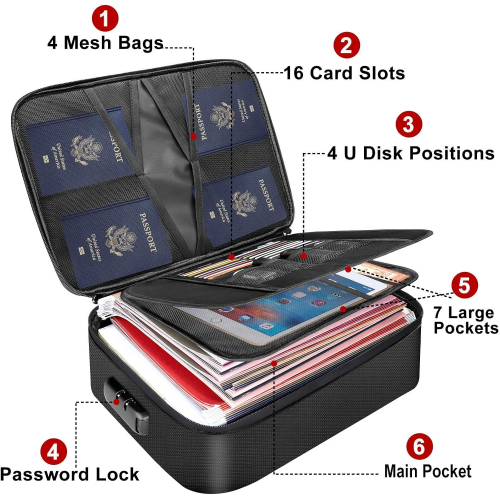 Document Bag with Lock,Fireproof 3-Layer File Storage Case with Water-Resistant Zipper,Document Safe Portable Travel Home Organizer Bag for Laptop,Files,Certificates,Gifts for Him,Black ,Fast and free delivery.