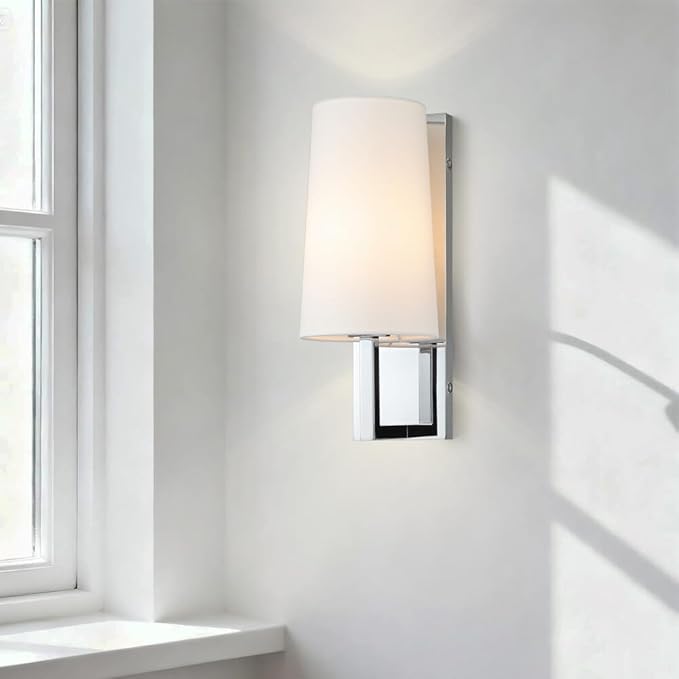 Chrome Wall Sconce, Modern Linen Fabric Shade Wall Lamp Single Bathroom Sconce Light Fixture for Bedroom Hallway Living Room, ETL LISTED .fast and free shipping.