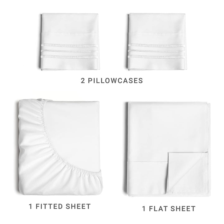 Cymak Queen/King 4 Piece Bedding Sheet Set - Breathable & Cooling Bed Sheets - Hotel Luxury Bed Sheets for Women & Men- Deep Pockets - Easy-fit - Soft & Wrinkle Free - Home Decor -White Oeko-Tex Bed Set
