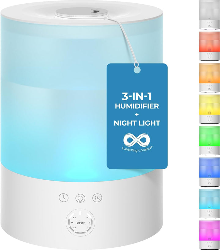 Cool Mist Humidifiers for Bedroom (2.5L) - Humidifier Large Room No-Filter, Quiet Air Humidifier for Plants, Baby, Allergies, Dry Skin, Congestion, 20 Hr Run Time, Easy Clean