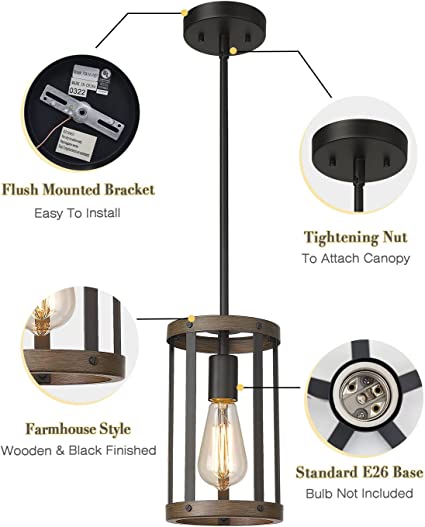 Farmhouse Pendant Light, Adjustable Hanging Light Fixtures with Matte Black and Wooden Grain Finish, Hanging Ceiling Lamp for Kitchen Living Room Bedroom Hallway..Certification UL, Delivery 10 days.Free shipping to Canada.