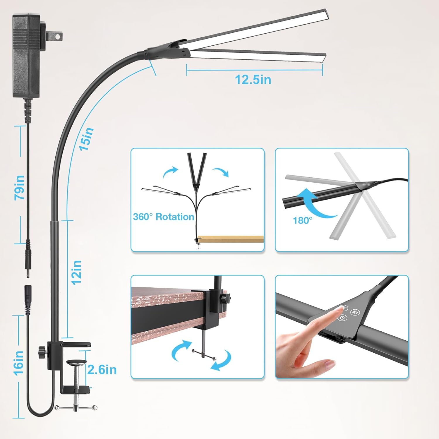 Desk Lamp for Office Home-Double Head Led Desk Light, Touch Control Dimmable 5 Brightness Levels 5 Color Modes, Eye-Caring Architect Desktop Lamp for Reading/Workbench/Study [12W,Black]Fast and free delivery.