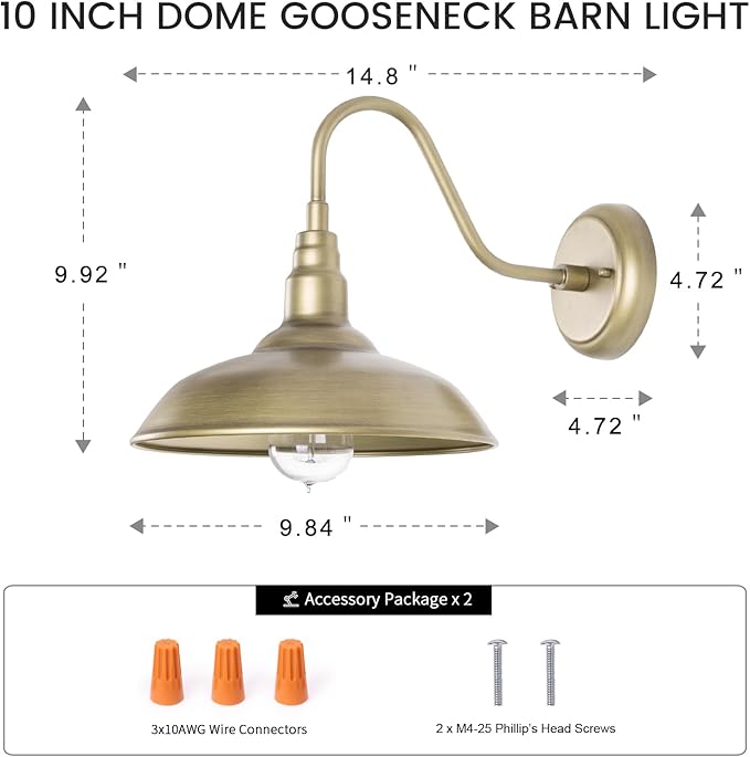 10" Outdoor Barn Light Fixture Wall Mounted Outside Gooseneck Wall Lighting with Brass Finish, Exterior Farmhouse Wall Sconce Waterproof Porch Wall Lighting for Patio, Garage,ETL Listed,free and fast delivery.