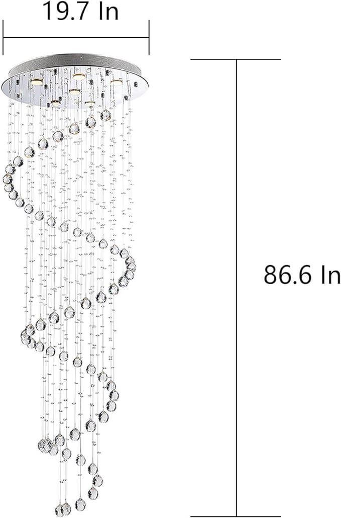 87-in Chandelier for High Ceiling, 6-Light Modern Crystal Spiral Design, Suitable for Foyers, Stairs, Living Rooms with 17ft-20ft High Ceilings,ETL Certified,Free and Fast delivery.