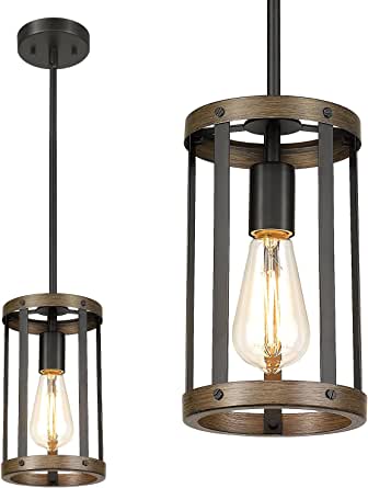 Farmhouse Pendant Light, Adjustable Hanging Light Fixtures with Matte Black and Wooden Grain Finish, Hanging Ceiling Lamp for Kitchen Living Room Bedroom Hallway..Certification UL, Delivery 10 days.Free shipping to Canada.