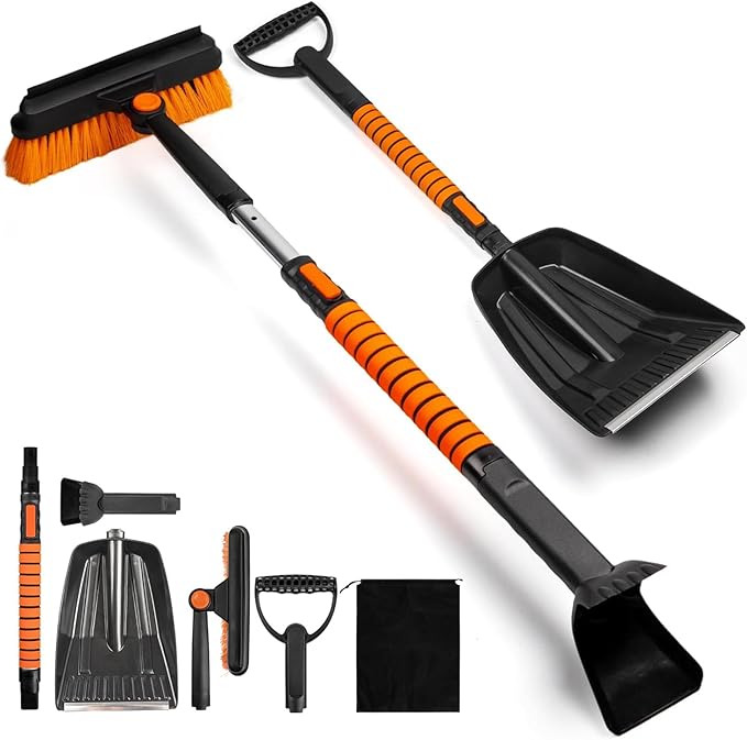 Snow Shovel，42″ Extendable Ice Scraper for Car Windshield，5 in 1 Adjustable Snow Brush Emergency Tools with 360° Pivoting Brush Head Snow Scraper for Cars, Trucks, SUVs, Camping Outdoor Use,fast and free delivery.