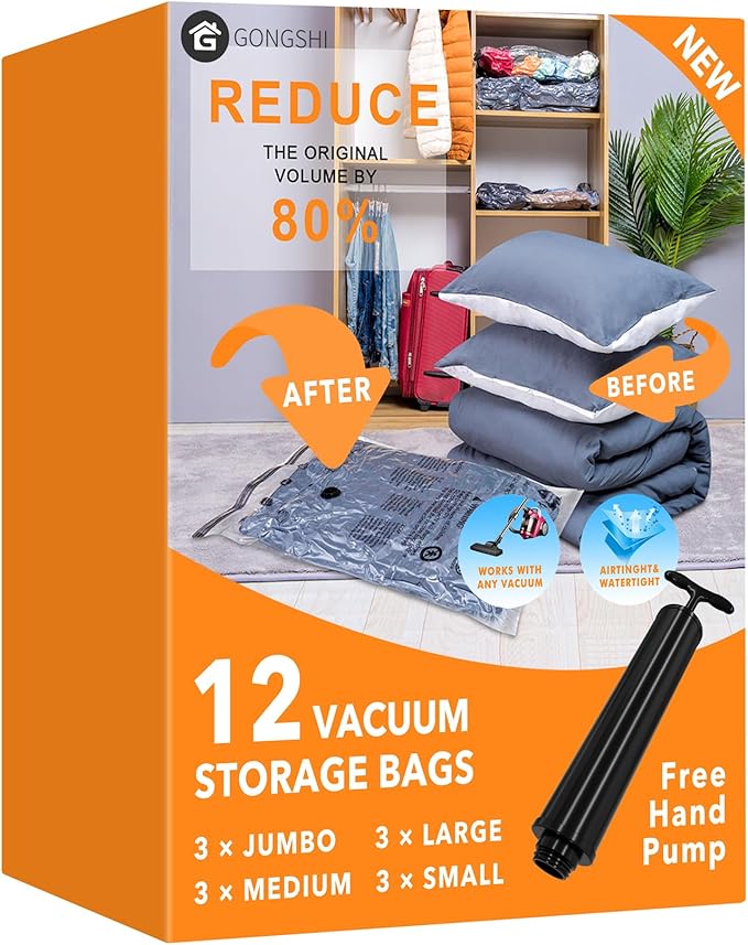 Vacuum Storage Bags (3 x Jumbo, 3 x Large, 3 x Medium, 3 x Small), Space Saver Sealer Compression Bags with Travel Hand Pump,FAST AND FREE DELIVERY