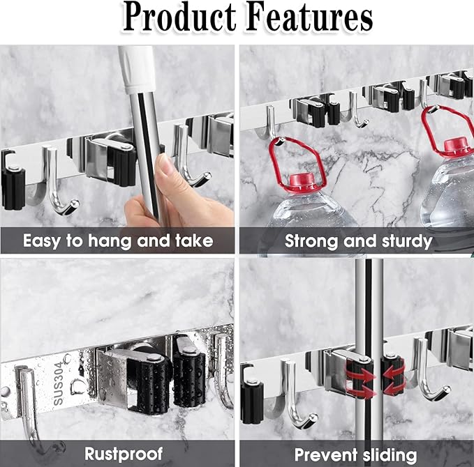 5 Racks and 4 Hooks Mop and Broom Holder Wall Mount, Broom Organizer Storage Tool Racks Stainless Steel Heavy Duty Hooks Self Adhesive Solid Non-slip for Home Kitchen Garden Laundry Garage, free and fast delivery.