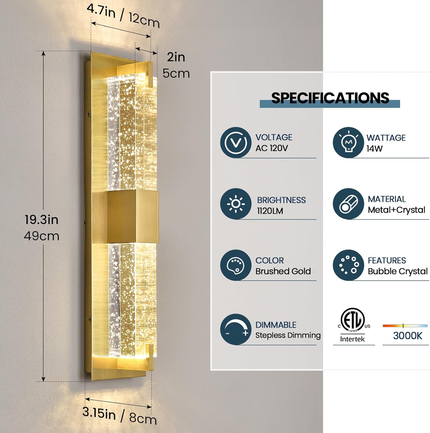 LED Wall Sconce Light: 19 Inch Modern Sconces Wall Lighting 3000K Dimmable Crystal Wall Lamps Indoor Bathroom Sconce Wall Mount Light Fixtures for Living Room/Bedroom/Hallway,Fast and free shipping.