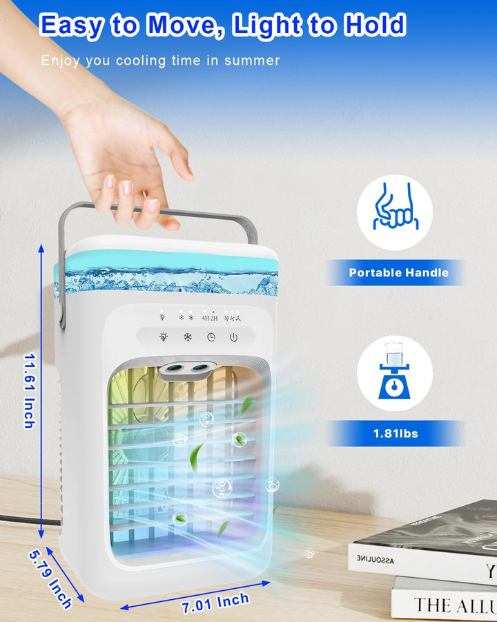 Portable Evaporative Air Cooler – 3 Fan Speeds, 2–4 Hour Timer, 7-Colour LED Light, Eco-Friendly Mini Cooling Fan for Home, Bedroom, Office & Travel