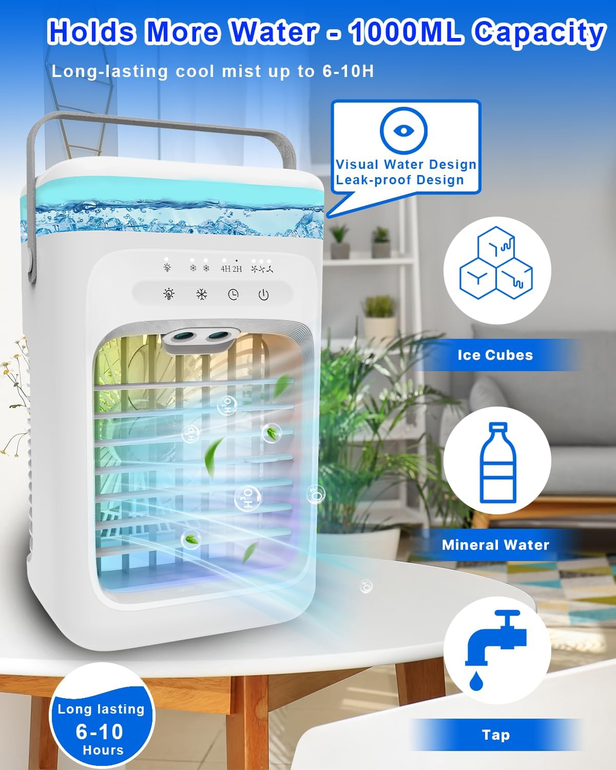 Portable Evaporative Air Cooler – 3 Fan Speeds, 2–4 Hour Timer, 7-Colour LED Light, Eco-Friendly Mini Cooling Fan for Home, Bedroom, Office & Travel