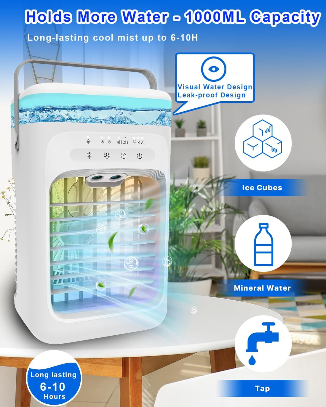 Portable Evaporative Air Cooler – 3 Fan Speeds, 2–4 Hour Timer, 7-Colour LED Light, Eco-Friendly Mini Cooling Fan for Home, Bedroom, Office & Travel