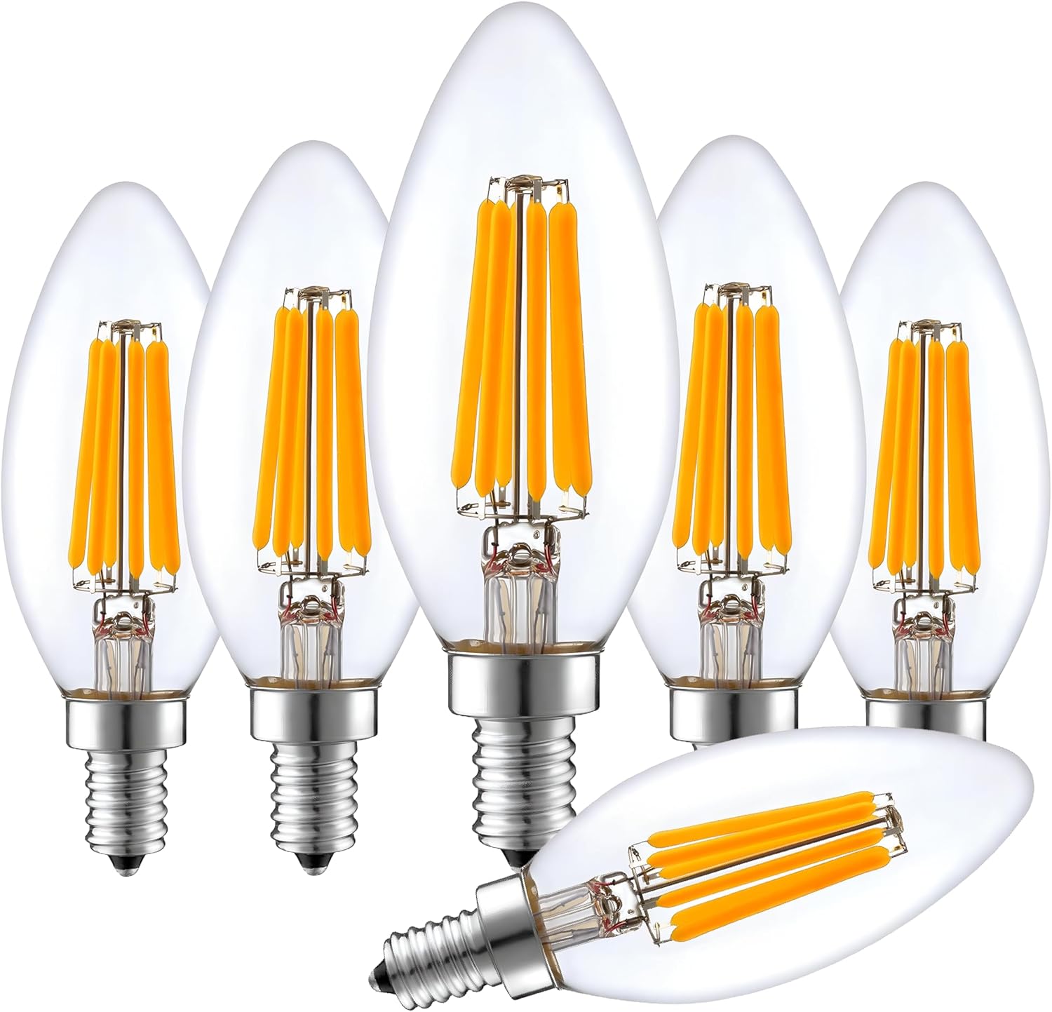 LED Filament Clear Candelabra 3000K 6W= 60W E12 CRI90 ES Dimmable- Pack of 6