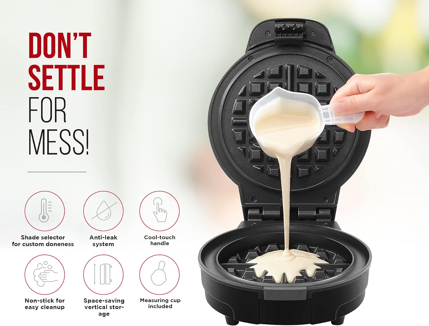 Anti-Overflow Belgian Waffle Maker w/Shade Selector, Temperature Control, Mess Free Moat, Round Nonstick Iron Plate, Cool Touch Handle, Measuring Cup Included, Black Stainless Steel
