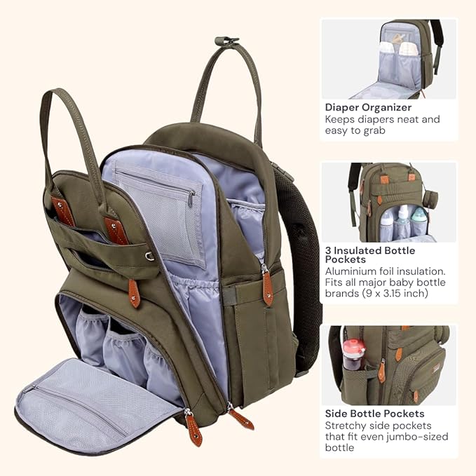 Diaper Bag Backpack - Baby Essentials Travel Tote - Multi Function Waterproof Diaper Bag, Travel Essentials Baby Bag with Changing Pad, Stroller Straps & Pacifier Case - Unisex, Army Green,free and fast delivery.