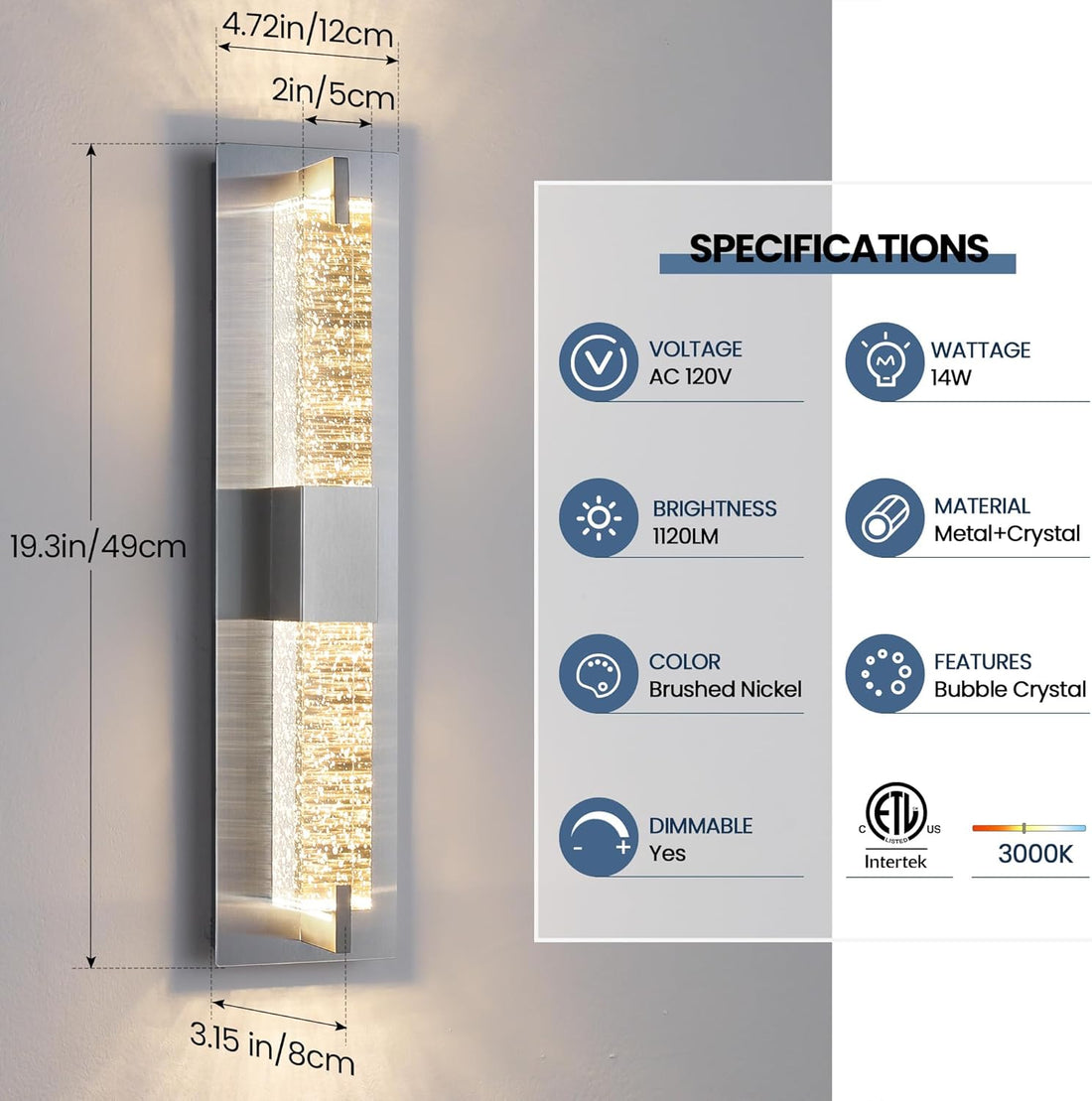 LED Wall Sconce Light: 19 Inch Modern Sconces Wall Lighting 3000K Dimmable Crystal Wall Lamps Indoor Bathroom Sconce Wall Mount Light Fixtures for Living Room/Bedroom/Hallway