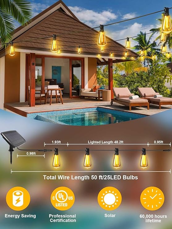 50FT Solar String Lights Outdoor Waterproof, Solar Patio Lights with 25+2 Dimmable ST38 Edison Bulbs Shatterproof,Solar Powered String Lights for Outside Garden Backyard,UL and ETL Certified,free and fast delivery.