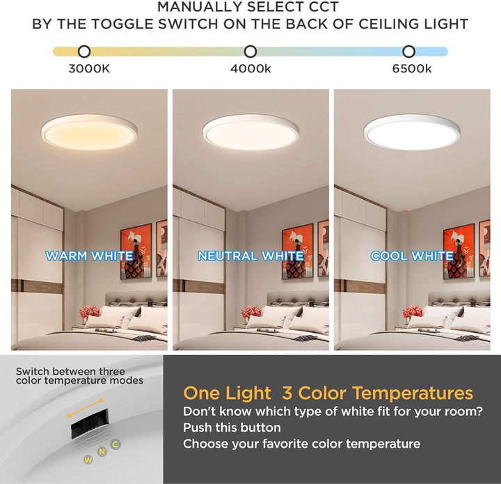 ocioc 12 inch Flush Mount Ceiling Light Fixture Dimmable White, 20W, Color Temperature Selectable, Round Low Profile LED Ceiling Lights for Bedroom, Closet, Hallway, 3000K/4000K/6500K ETL Listed