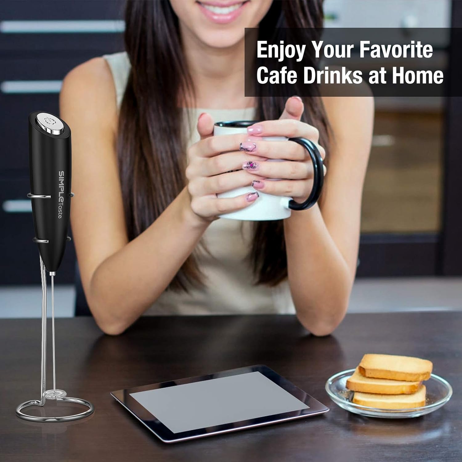 Cymak Milk Frother Handheld Battery Operated Electric Foam Maker, Drink Mixer with Stainless Steel Whisk and Stand for Cappuccino, Bulletproof Coffee, Latte