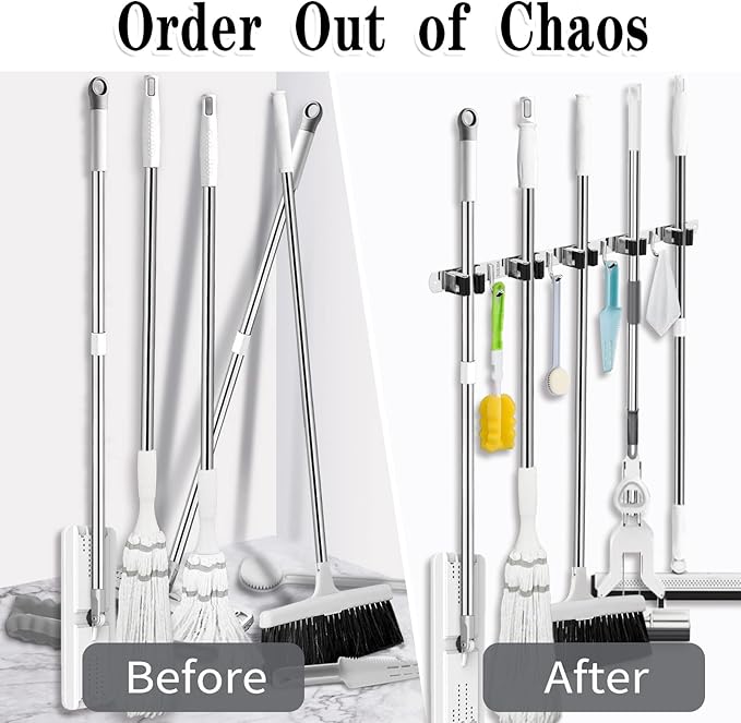 5 Racks and 4 Hooks Mop and Broom Holder Wall Mount, Broom Organizer Storage Tool Racks Stainless Steel Heavy Duty Hooks Self Adhesive Solid Non-slip for Home Kitchen Garden Laundry Garage, free and fast delivery.