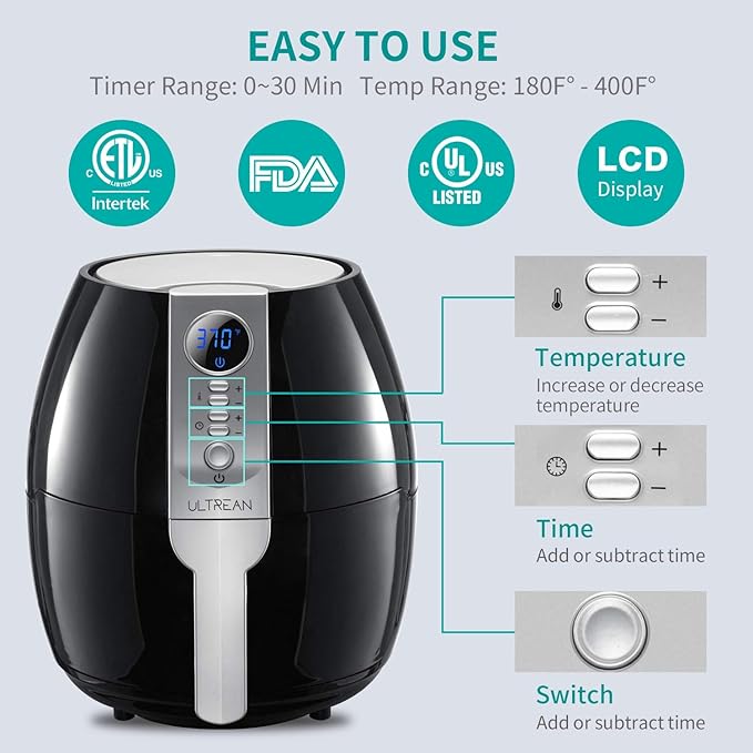 Air Fryer, 4.2 Quart (4 Liter) Electric Hot Air Fryers Oven Oilless Cooker with LCD Digital Screen and Nonstick Frying Pot, UL Certified,fast and free shipping.