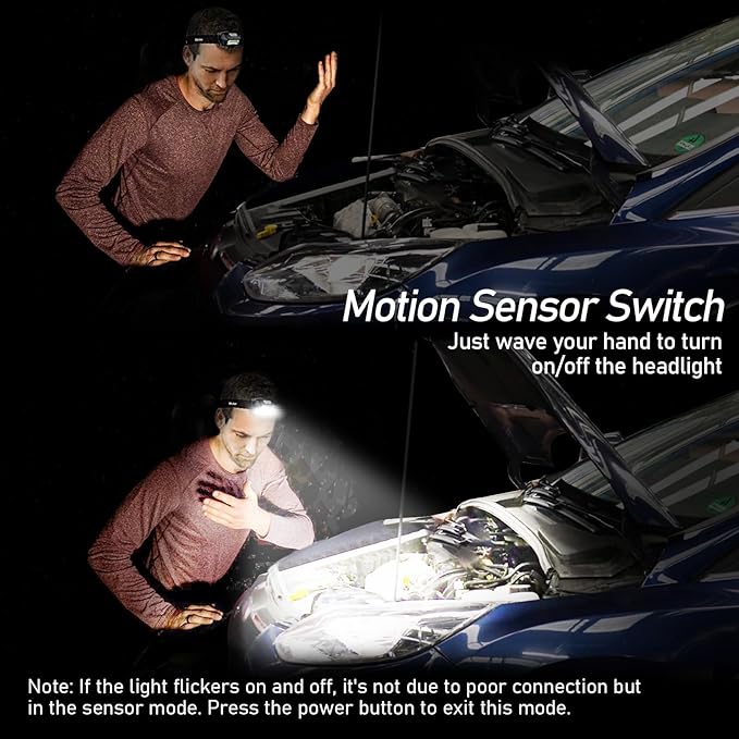 Headlamp Rechargeable, 2000L Super Bright LED Head Lamp Headlight with Red Warning Lights and 6 Modes, Motion Sensor Control, IPX5 Waterproof, Lightweight Flashlight for Running, Hiking etc.Fast and free shipping