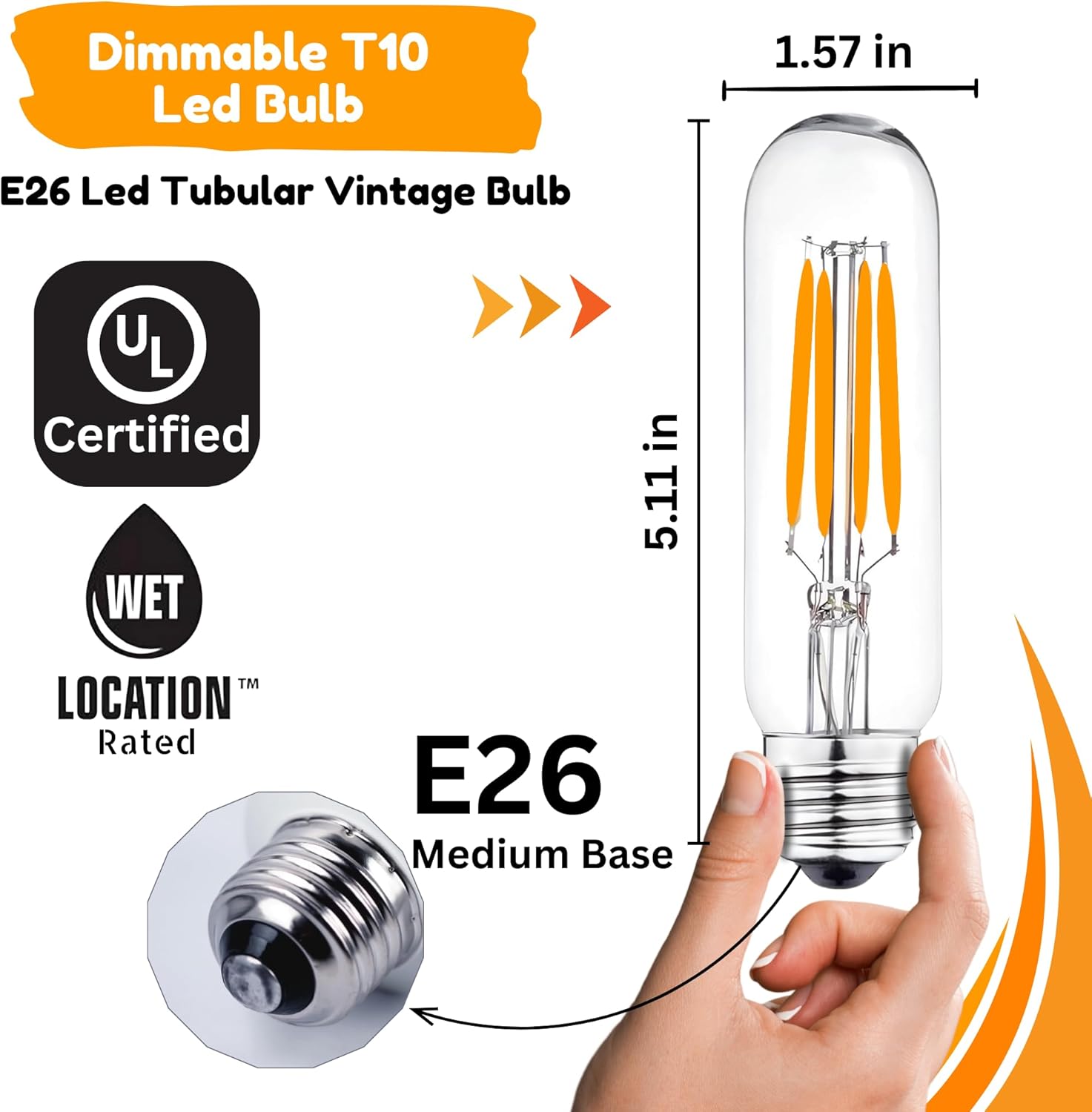 LED 60W Equivalent Clear Filament 2700K/3000k (warm white) T10 Edison Base E26 450LM CRI90 Dimmable LED Light Bulb (6-Pack)