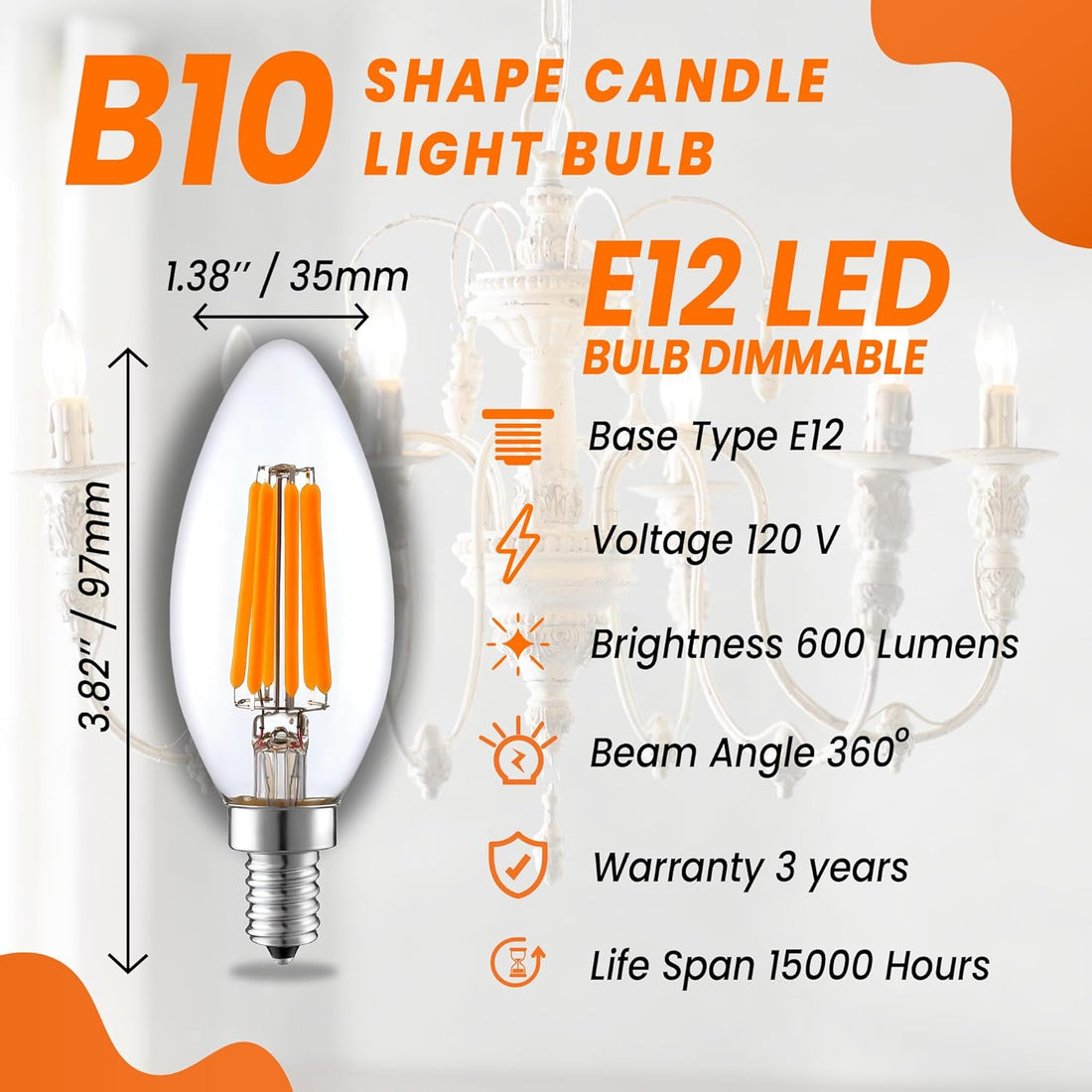 STRAK Candelabra, E12 Base, 6w-60watt Equivalent Clear Filament 6000k, CRI 90+, ES Dimmable, Led Light Bulb (4-Pack)