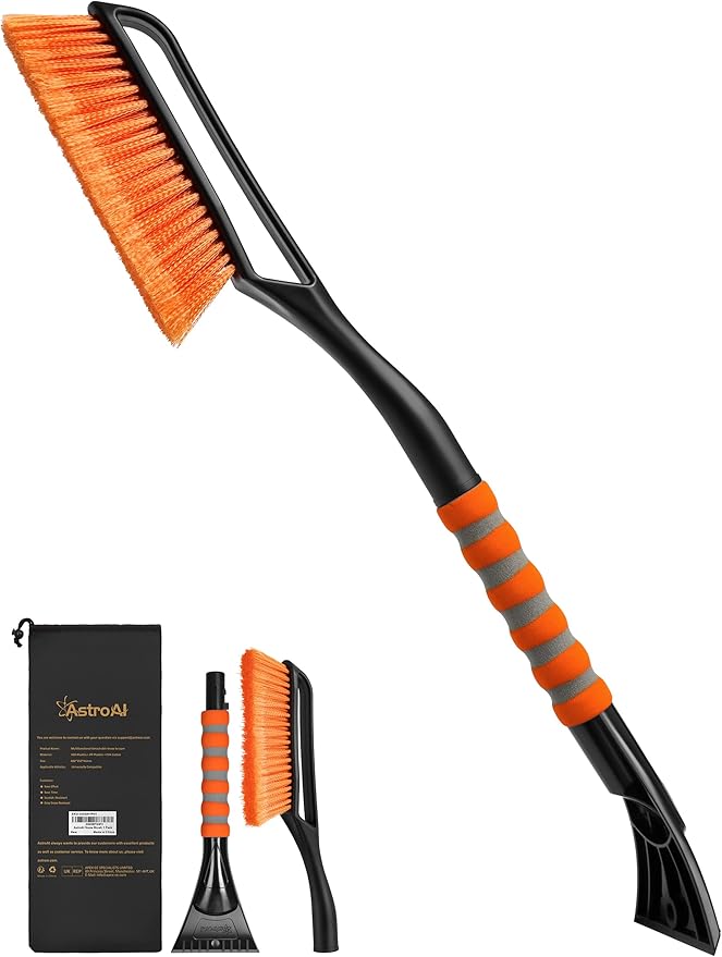 27" Snow Brush and Detachable Ice Scraper with Ergonomic Foam Grip for Cars, Trucks, SUVs (Heavy Duty ABS, PVC Brush, Orange),free and fast delivery