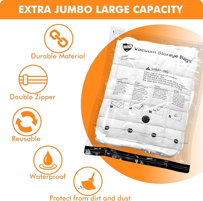 Vacuum Storage Bags (3 x Jumbo, 3 x Large, 3 x Medium, 3 x Small), Space Saver Sealer Compression Bags with Travel Hand Pump,FAST AND FREE DELIVERY