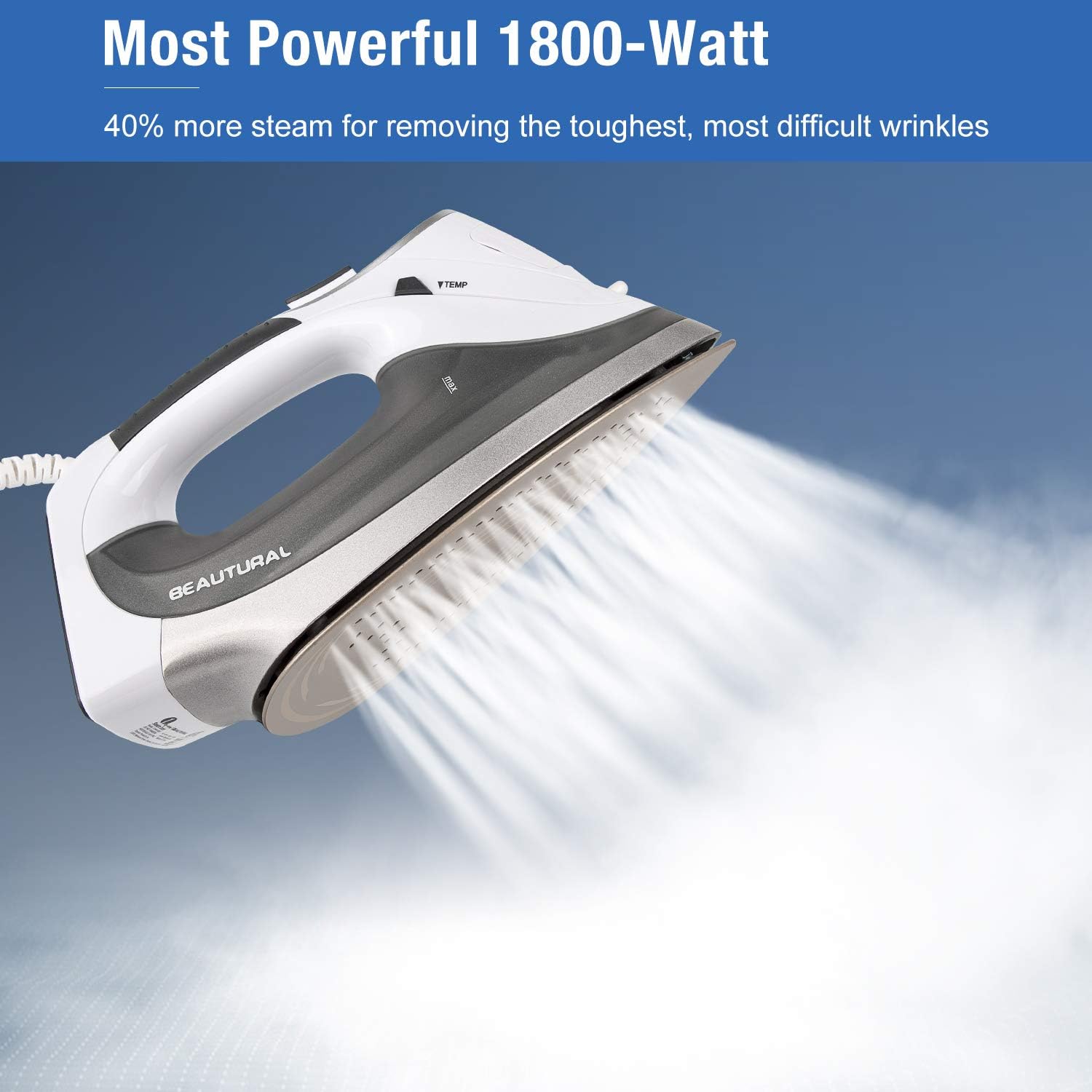 Beutural 1800-Watt Steam Iron with Digital LCD Screen, Double-Layer and Ceramic Coated Soleplate, 3-Way Auto-Off, 9 Preset Temperature and Steam Settings for Variable Fabric