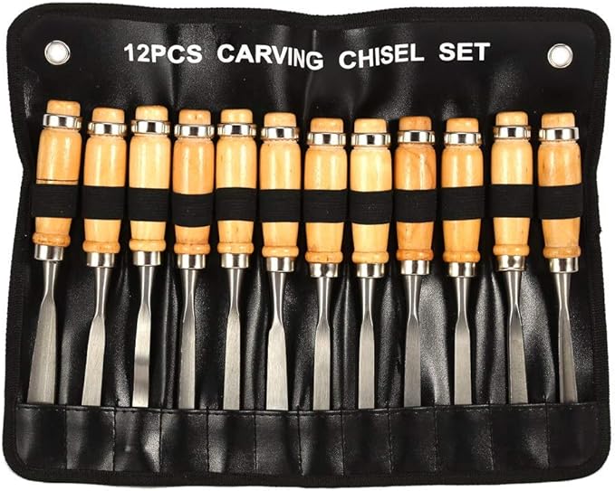 12 Pcs Professional Wood Handle Carving Chisels Tools, Woodworking Sculpting Wood Carving Chisel Set for DIY Art Craft Clay Carpentry