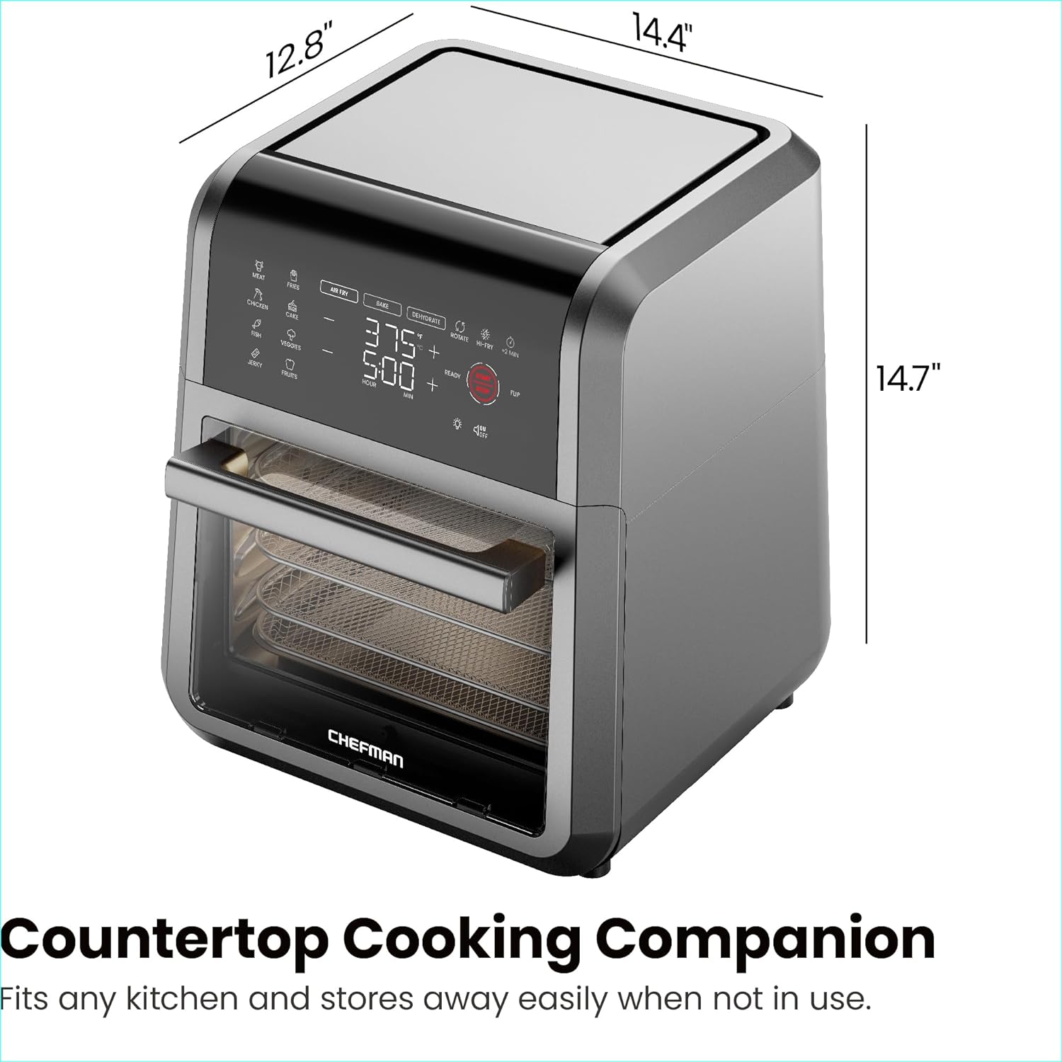 Cymak Air Fryer Oven - 12-Quart 6-in-1 Rotisserie Oven and Dehydrator, 12 Presets with Digital Timer and Touchscreen, Family Size XL Airfryer Countertop Convection Oven, Dishwasher-Safe Parts, Black