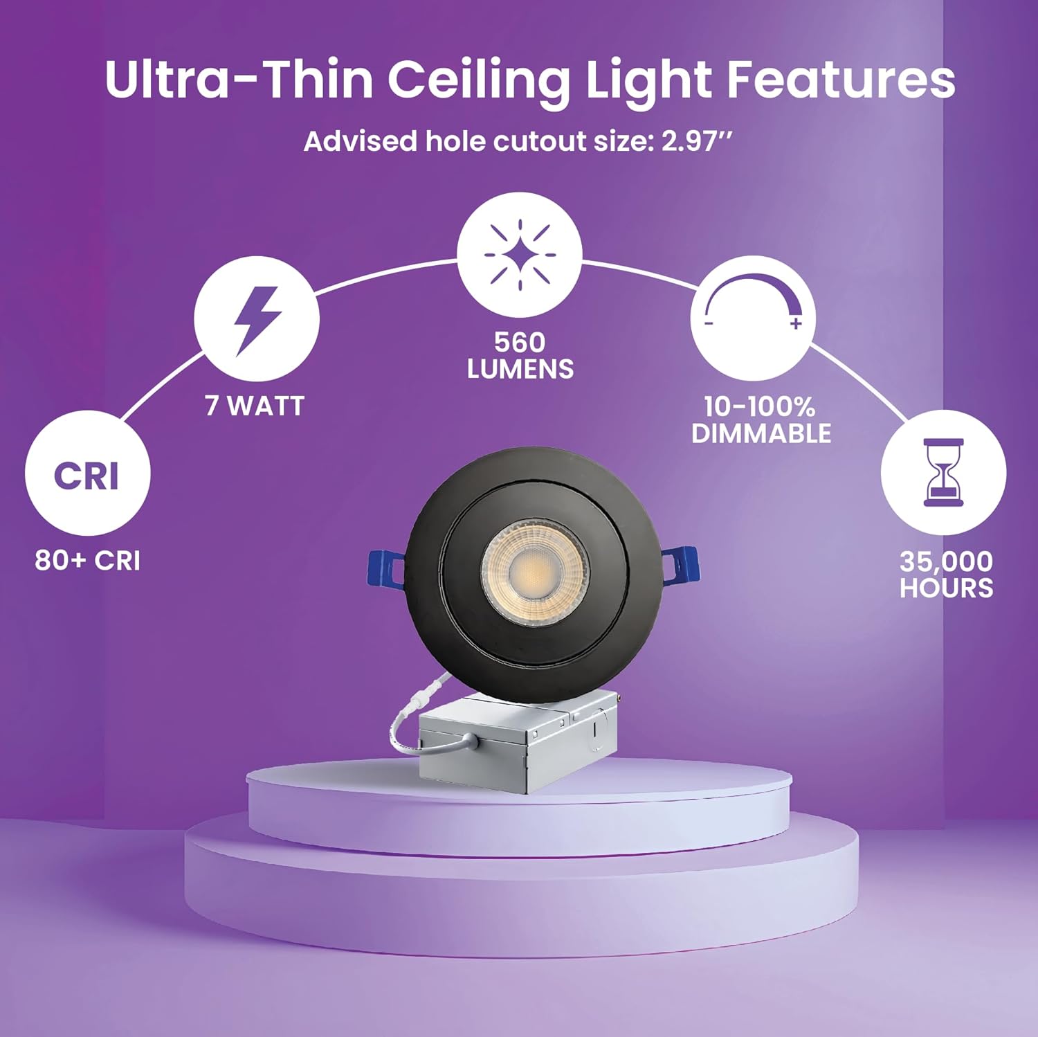 Strak Black 3-Inch Integrated Slim Panel 7 W 560lm Downlight Recessed Lighting with Gimbal 5000k (Cool White) - Energy Star (Pack of 6)