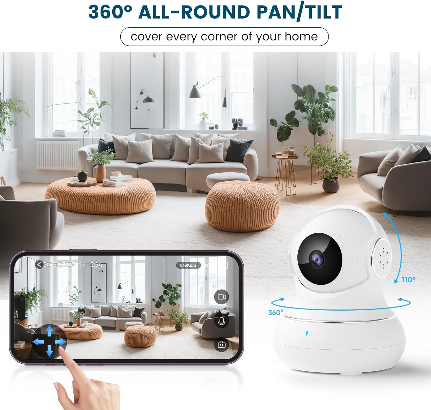 Littleelf Camera Surveillance Interieur, 2K Pet Cameras with Phone App for Dog/Baby Indoor Security Camera WiFi Baby Monitor with Motion & Sound Detection, 360° View Home Camera Works with Alexa