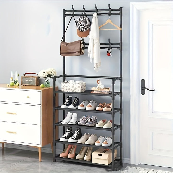 Entrance Storage Rack, 5-layer Multifunctional - Heavy-duty Shoe Rack Hanging Clothes Hook, Space Saving Independent Storage Cabinet, Suitable for Corridors, Living Rooms, Bedrooms,  Black,FAST AND FREE SHIPPING.