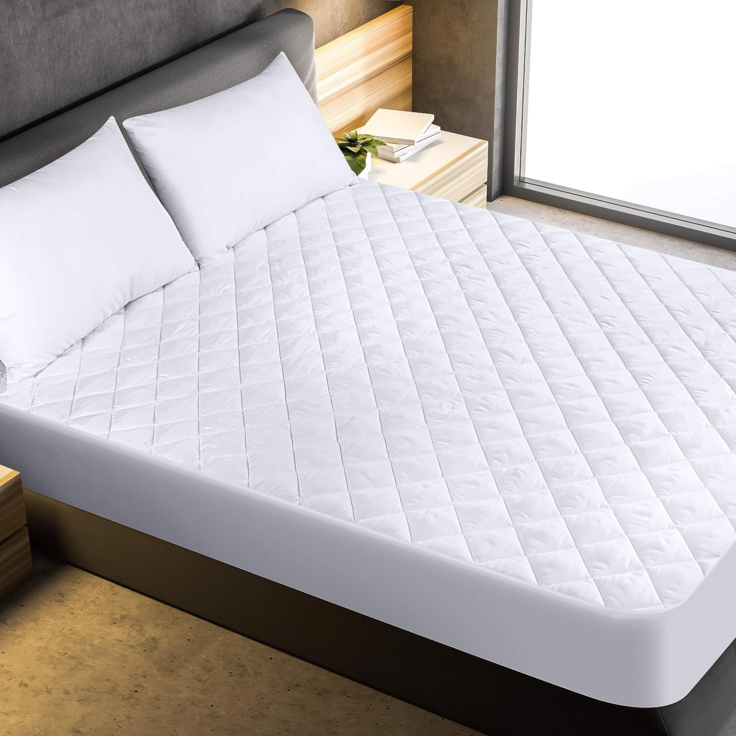 Cymak Bedding Quilted Fitted Mattress Pad - Mattress Cover Stretches up to 16 Inches Deep - Mattress Topper