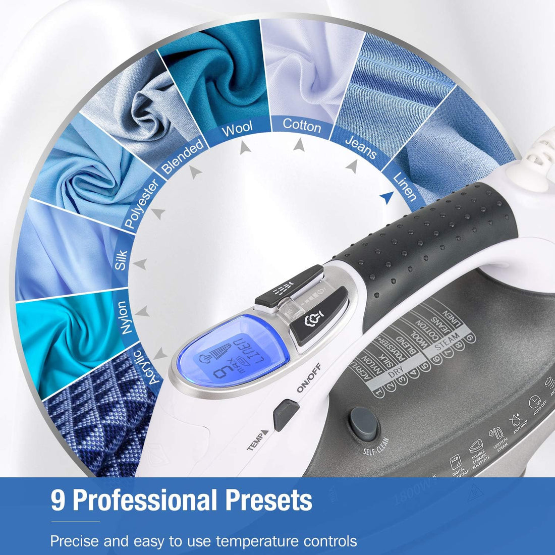 Beutural 1800-Watt Steam Iron with Digital LCD Screen, Double-Layer and Ceramic Coated Soleplate, 3-Way Auto-Off, 9 Preset Temperature and Steam Settings for Variable Fabric