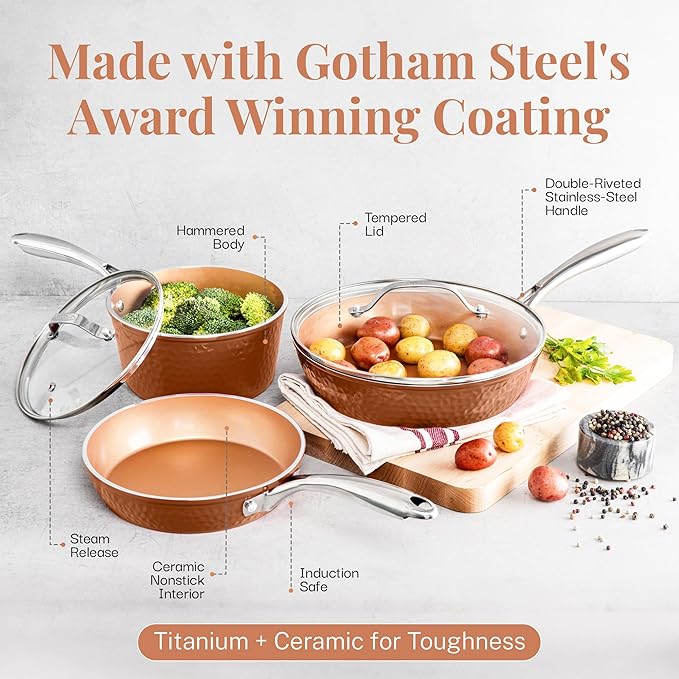 Gotham Steel 12” Nonstick Fry Pan with Lid – Hammered Copper Collection, Premium Aluminum Cookware with Stainless Steel Handles, Induction Plate for Even Heating, Dishwasher & Oven Safe, 12", Copper,free and fast shipping.