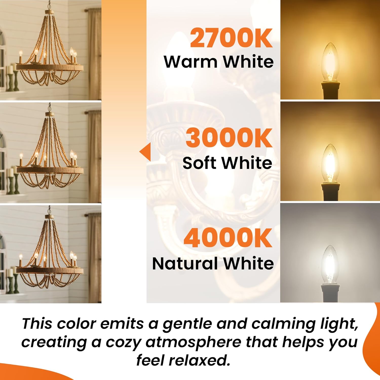 LED Candelabra, E12 BASE, 6W=60Watt, 600 Lumens, Clear Filament, 3000K, CRI90, CETL, Dimmable (Pack of 10)