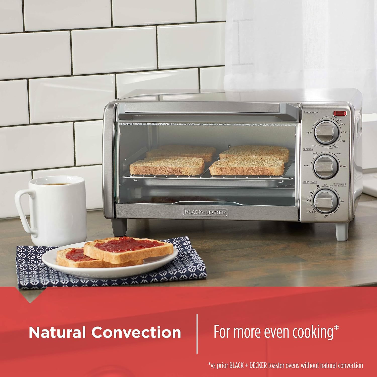 4-Slice Natural Convection  Toaster Oven, Stainless Steel, Bake, Broil, Toast, Keep Warm Cooking Functions