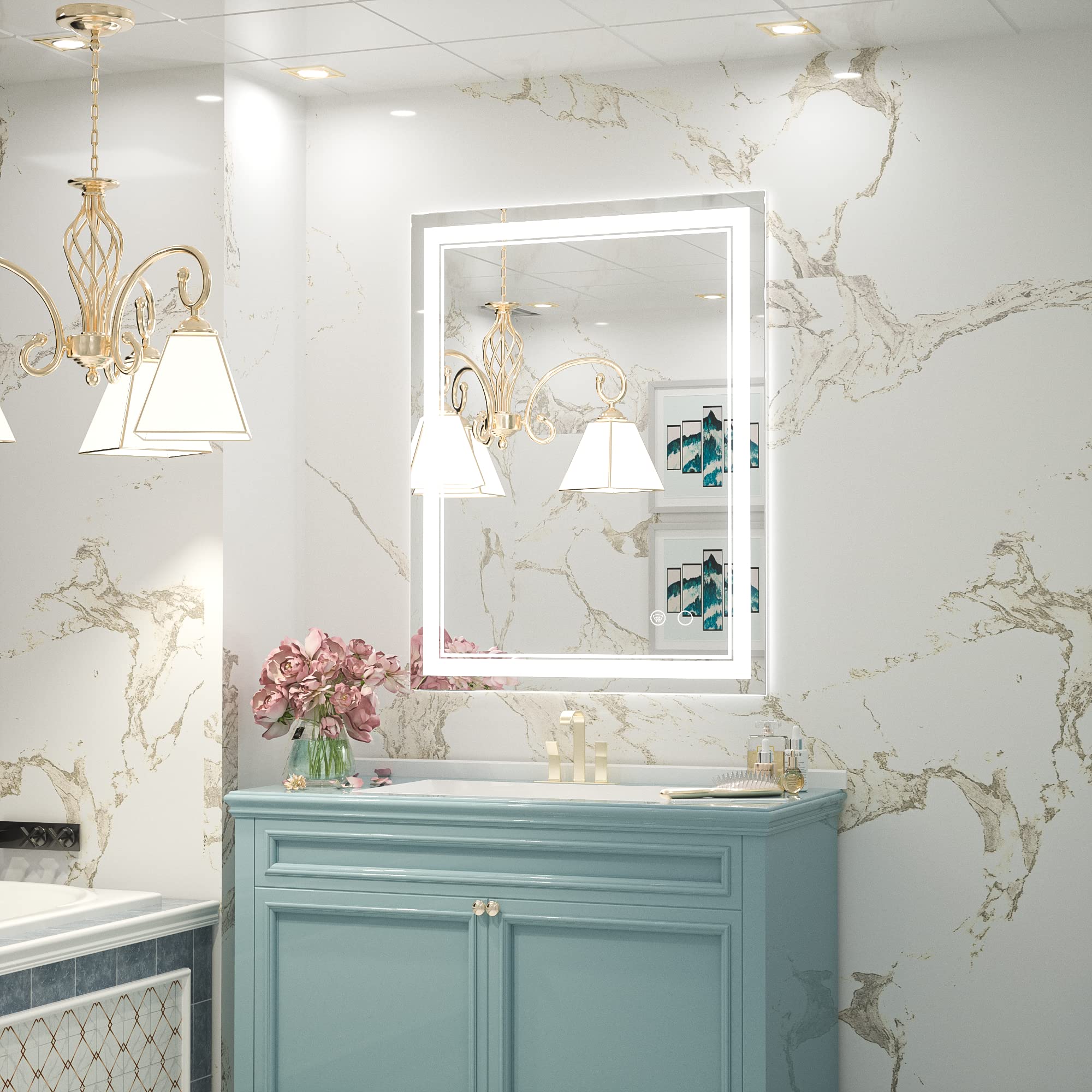 Cymak LED Mirror Bathroom Mirror with Lights, Lighted Vanity Mirror, Wall Mounted Anti-Fog Dimmable Lighting Makeup Mirrors, IP54 Waterproof Shatterproof (Vertical or Horizontal)