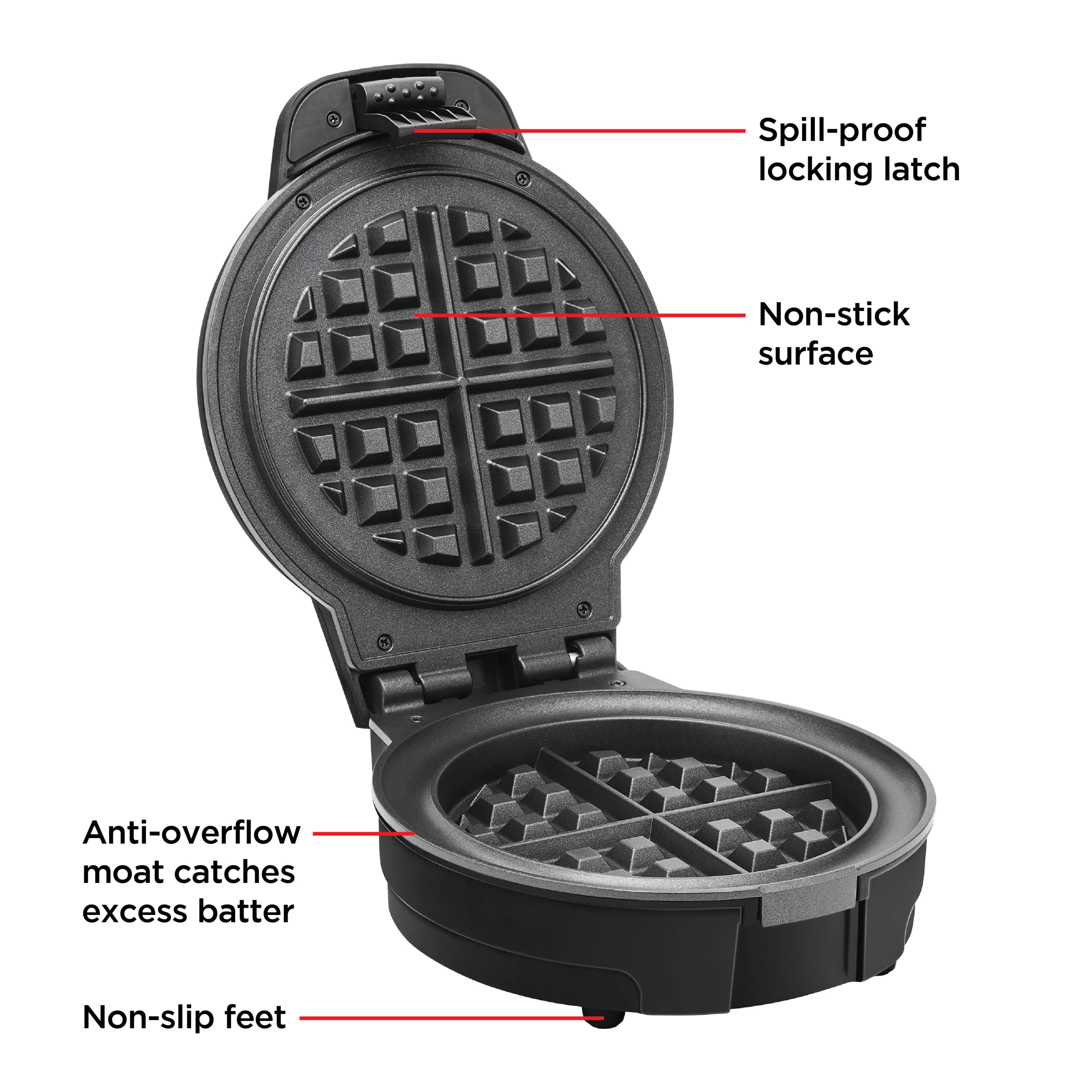 Anti-Overflow Belgian Waffle Maker w/Shade Selector, Temperature Control, Mess Free Moat, Round Nonstick Iron Plate, Cool Touch Handle, Measuring Cup Included, Black Stainless Steel
