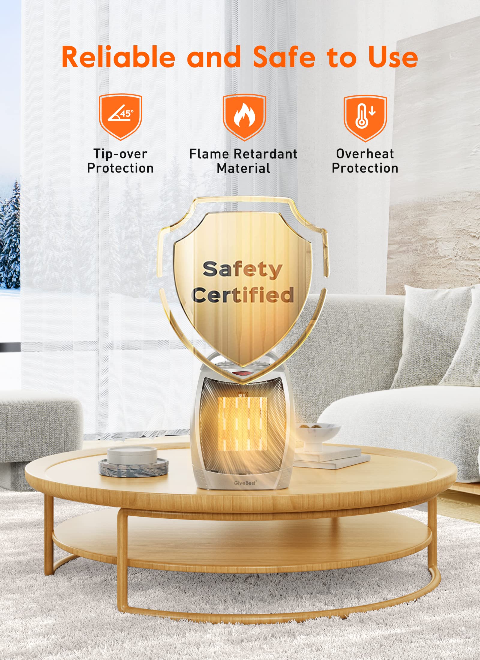 Portable Electric Space Heater with Thermostat, 1500W/750W Safe & Quiet Ceramic Heater Fan, Heat Up 200 sq. Ft for Office Room Desk Indoor Use