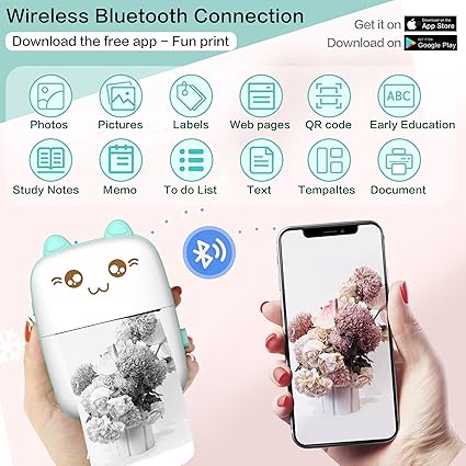 Mini Printer Portable, Inkless Sticker Printer with 8 Rolls Paper, Bluetooth Wireless mini Thermal Printer Compatible with iOS + Android for Journal, Memo, Photo, Print Pod Gifts for Girls Kids,Colour Name: Blue. Fast and free shipping.