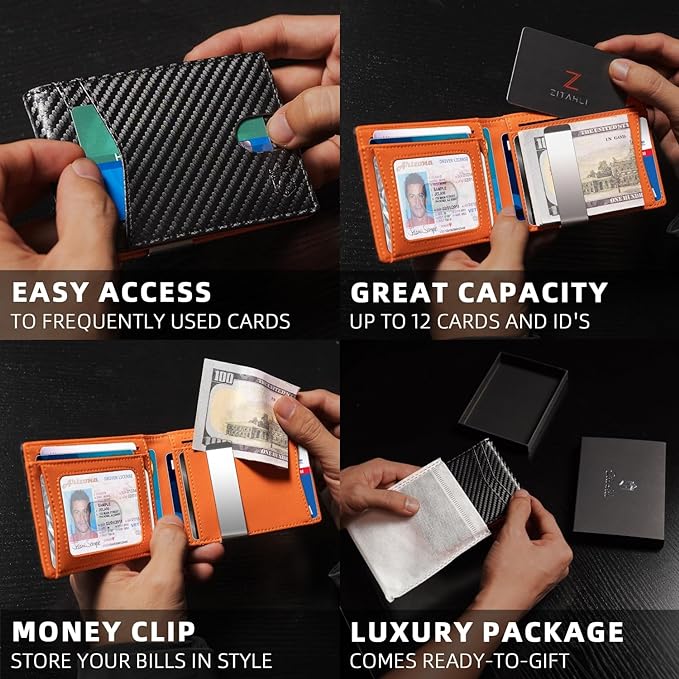 Slim RFID Wallets for Men, Money Clip Bifold Leather Wallet Minimalist Mens Wallet with ID Window and 12 Card Slots Gift Box,free and fast delivery.