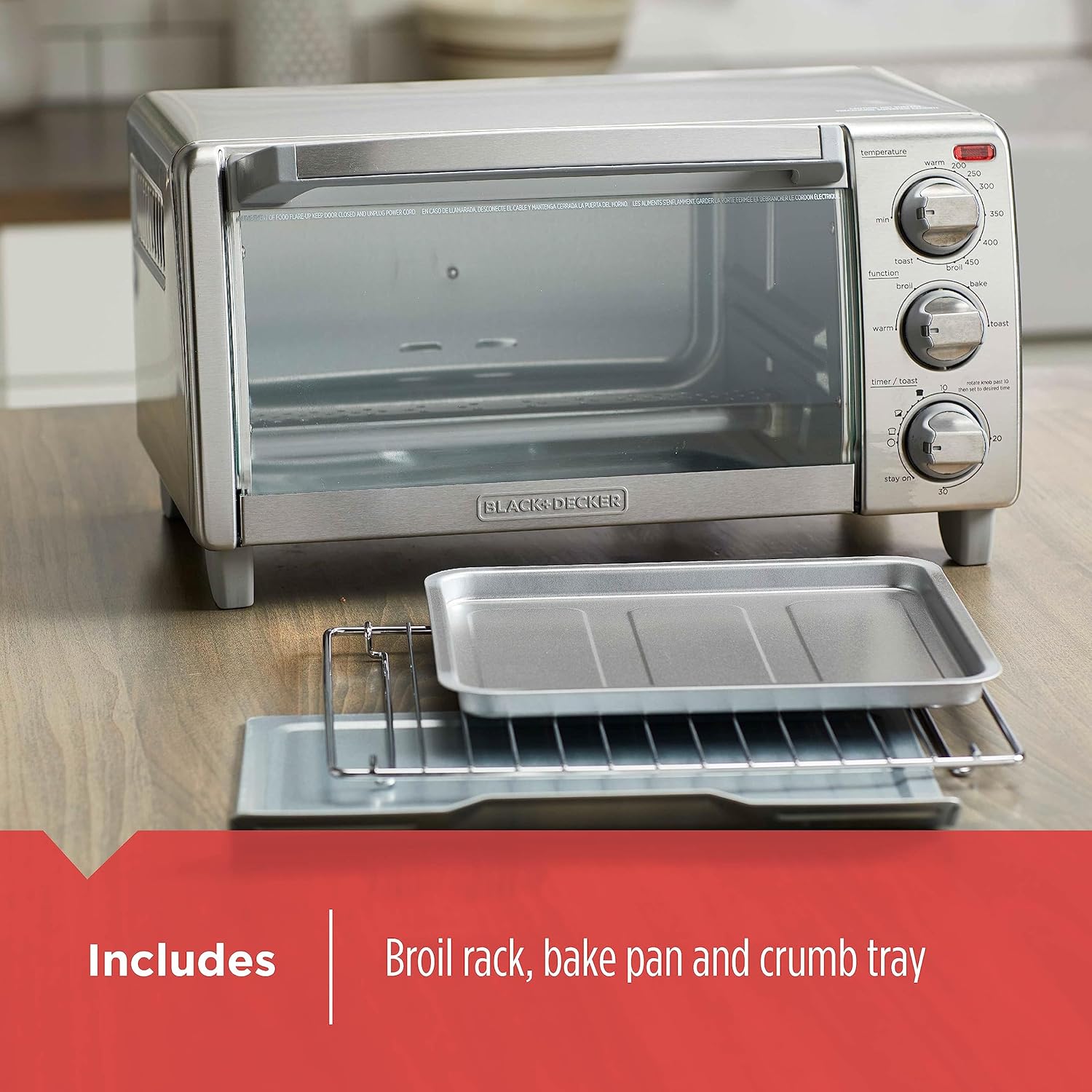 4-Slice Natural Convection  Toaster Oven, Stainless Steel, Bake, Broil, Toast, Keep Warm Cooking Functions