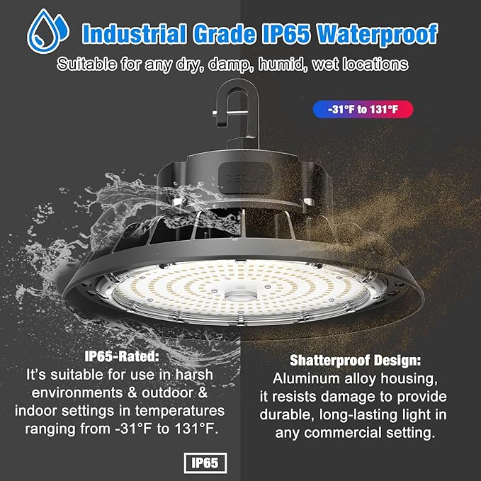 UFO LED High Bay Light,Pre- select 3 wattage 80w-120w-150 watts,3 CCT 3000k-4000k-5000k,12180-26995 lumens,120-347Volts-9 ft power cord,IP65,Cul/Ul/DLC,2Pack